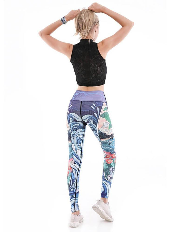 Dolphin Enjoy The Large Wave Design Printed Active Gym Yoga Leggings - pinkfad
