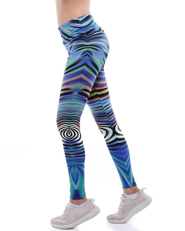 Colored Irregular Linear Printed Workout Gym Yoga Blue Flex Leggings