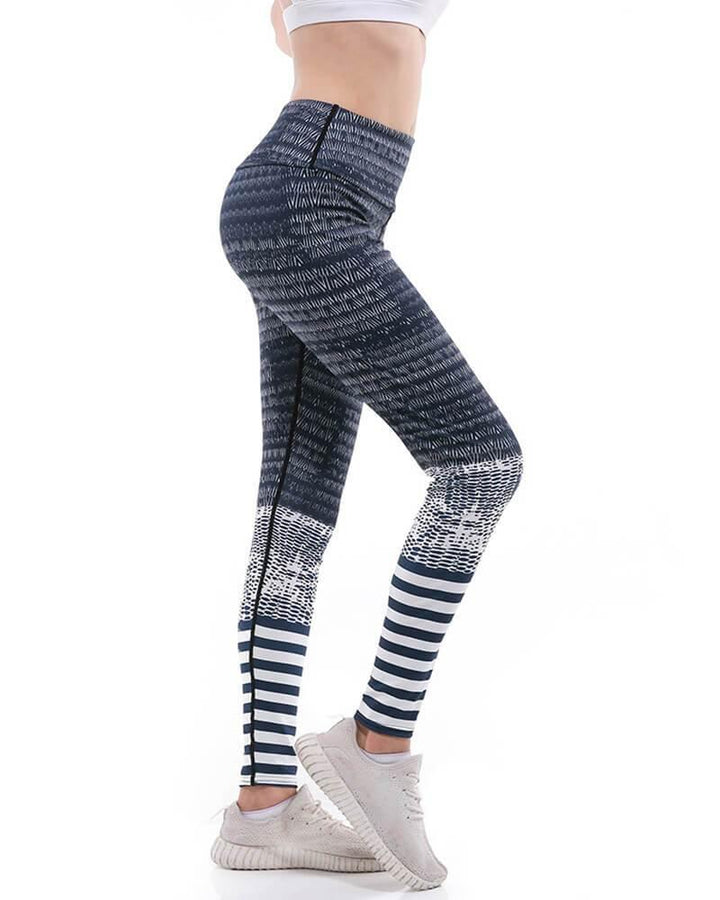 Geometric Stripes Printed Grey Wide Waistband Active Yoga Gym Leggings