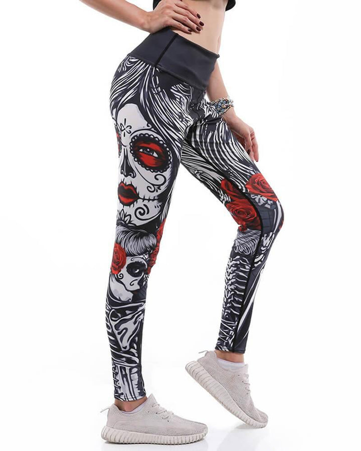 Beauty Skeleton Printed Wide Waistband High Rise Yoga Active Leggings