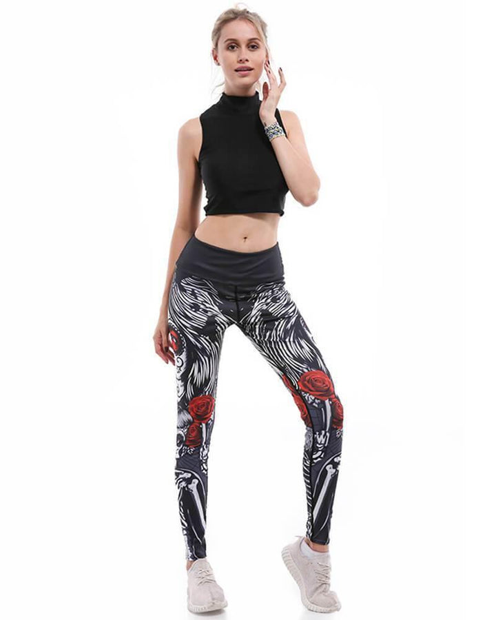 Beauty Skeleton Printed Wide Waistband High Rise Yoga Active Leggings - pinkfad