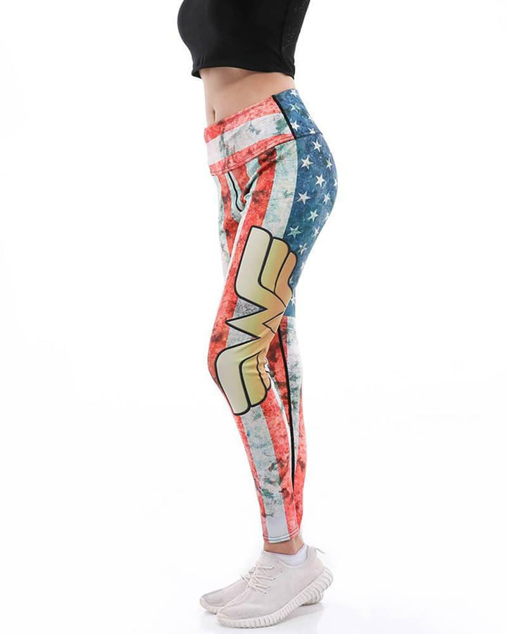 Wonder Woman And Stripes Stars Flag Design Printed Yoga Gym Leggings