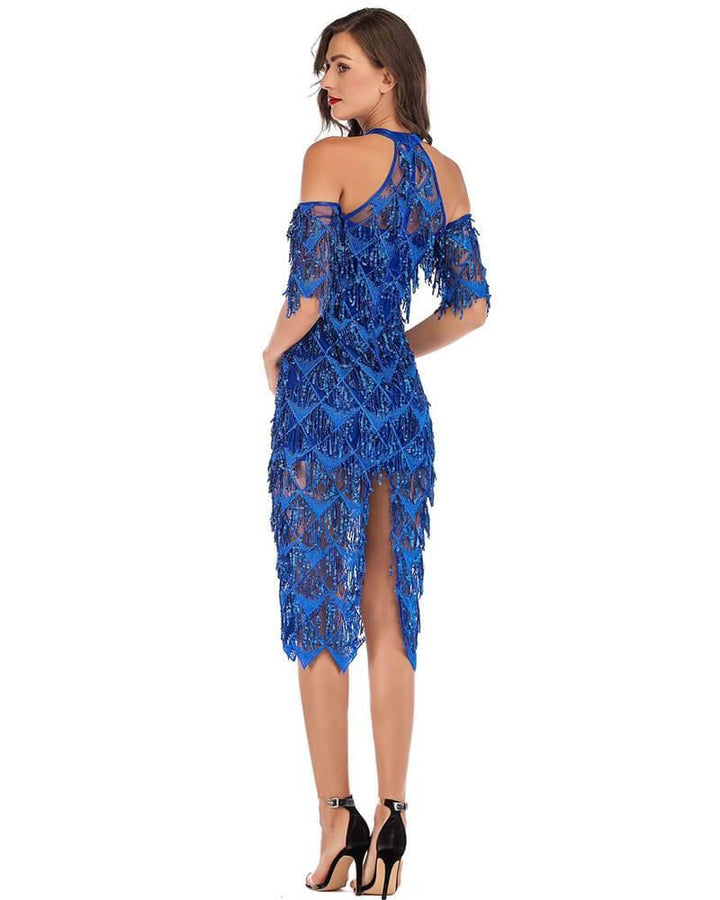 Blue Haute Cold Shoulder Sequin Tassel Short Sleeves Party Prom Dress - pinkfad