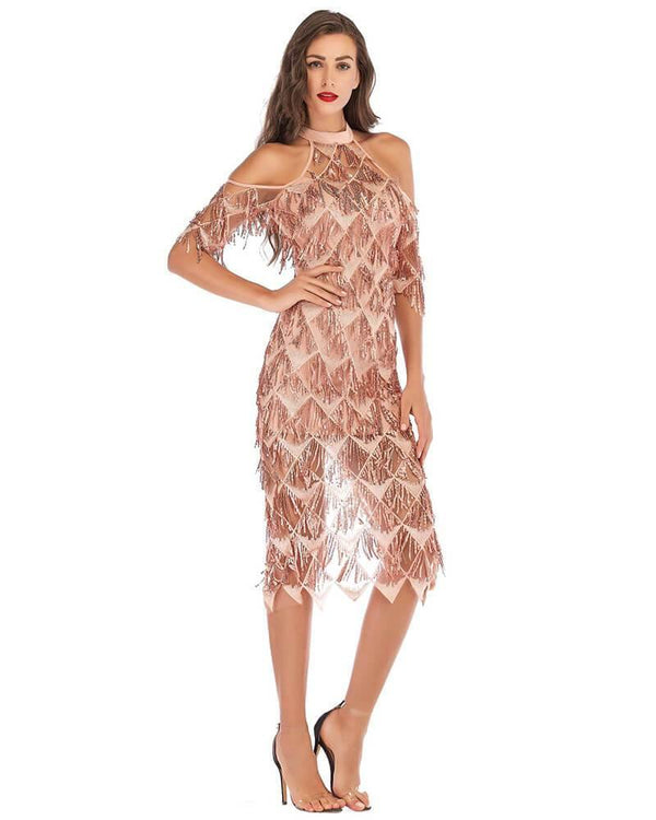 Beige Haute Cold Shoulder Geometric Sequin Tassel Party Prom Dress
