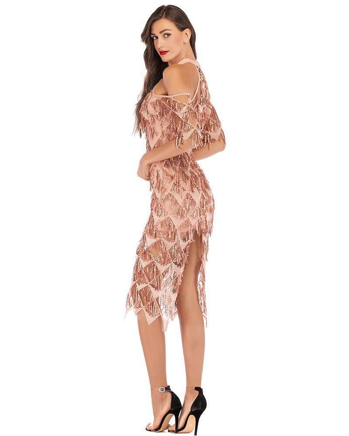 Beige Haute Cold Shoulder Geometric Sequin Tassel Party Prom Dress - pinkfad