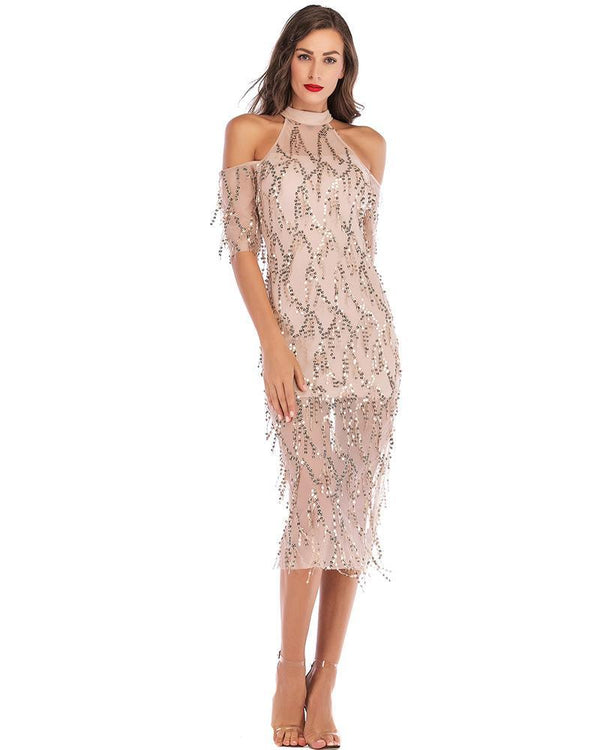 Sequin Tassel Lace Overlay Cold Shoulder Half Sleeves Party Midi Dress
