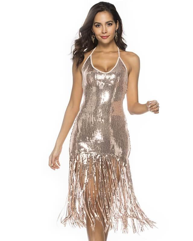 Gold Halter Backless All Over Sequin Fringe Hem Party Dance Pub Dress - pinkfad