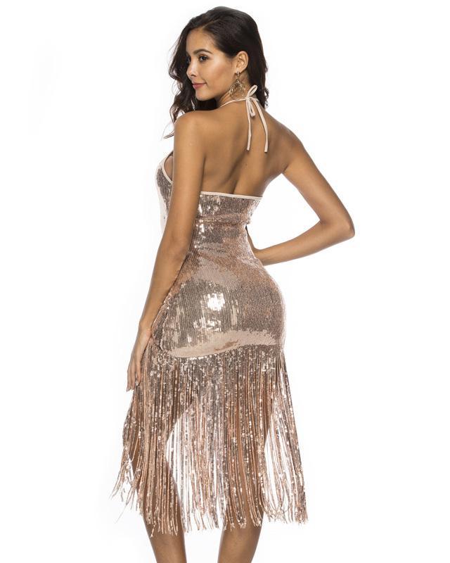 Gold Halter Backless All Over Sequin Fringe Hem Party Dance Pub Dress - pinkfad