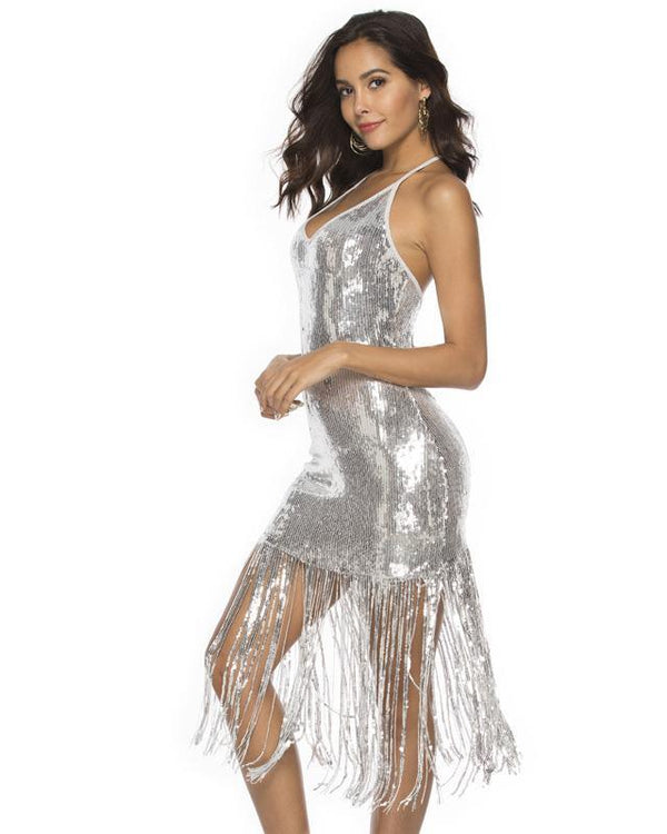 Silver Halter All Over Sequin Fringe Hem Party Latin Dance Dress