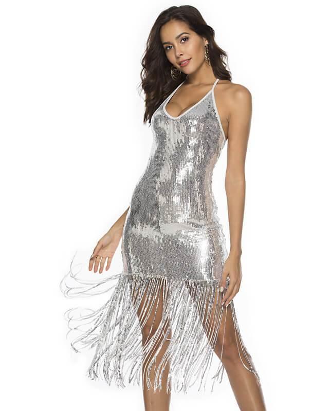Silver Halter All Over Sequin Fringe Hem Party Latin Dance Dress - pinkfad