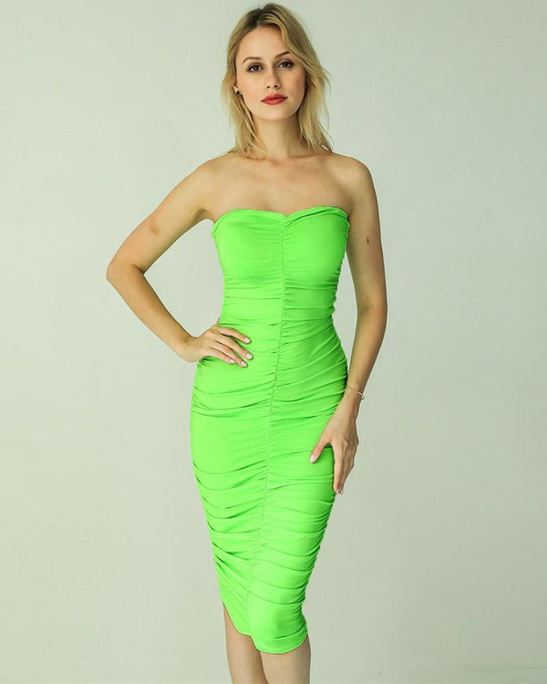 Green White Solid Color Strapless Ruched Midi Dress