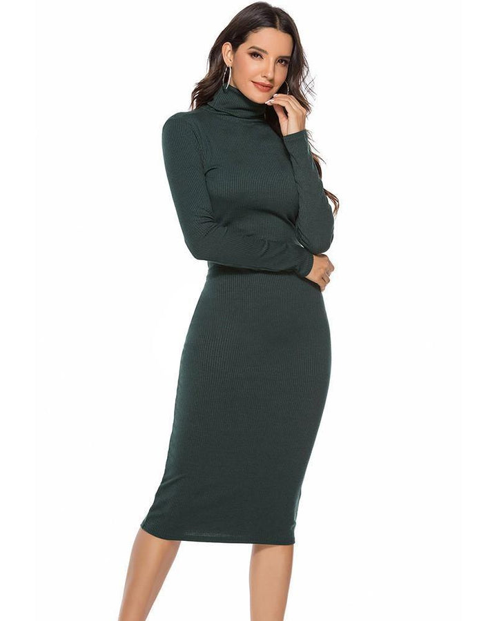 Green High Neck Ribbed Knitted Long Sleeve Sweater Dress