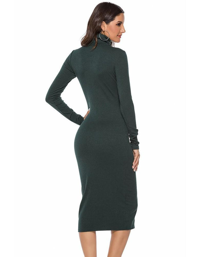 Green High Neck Ribbed Knitted Long Sleeve Sweater Dress - pinkfad