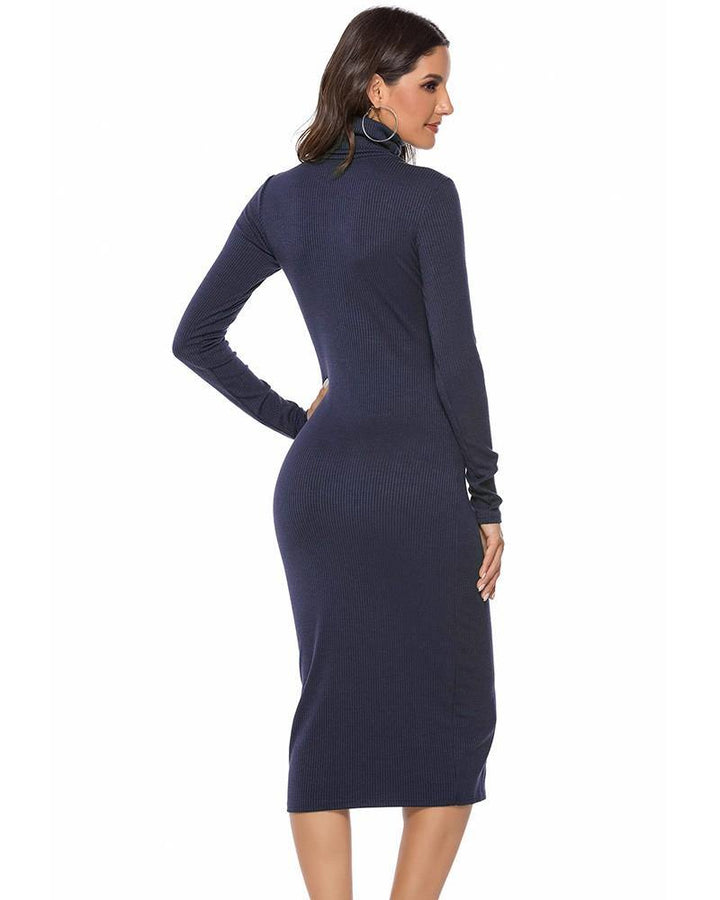Blue Basic Long Sleeve High Neck Ribbed Knitted Sweater Dress - pinkfad