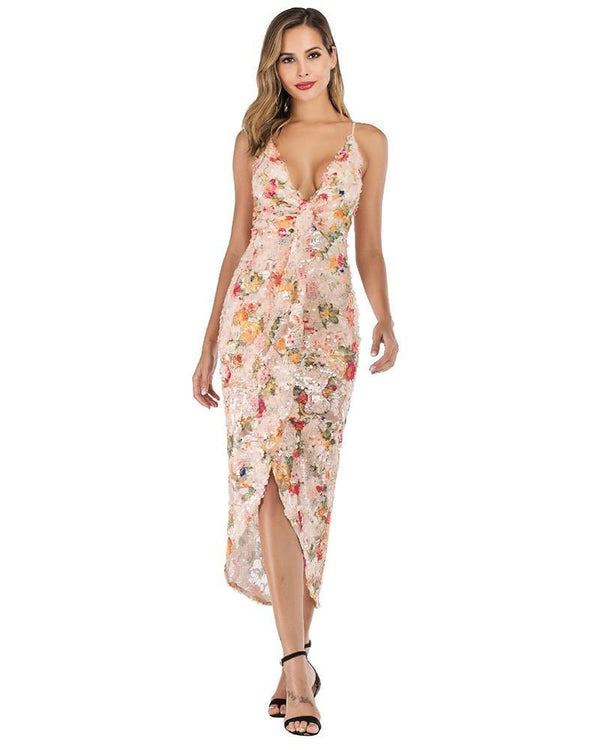 Floral Tassel Sequin Wrap Twist Front High Low Maxi Party Slip Dress