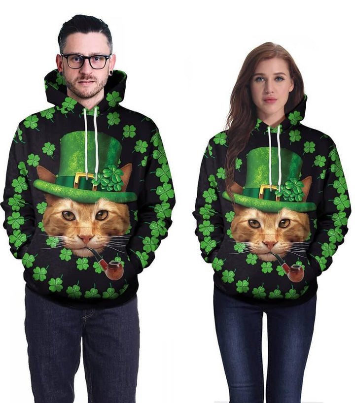 Cat In The Green Hat In The Clover Printed Unisex Pullover Hoodie - pinkfad
