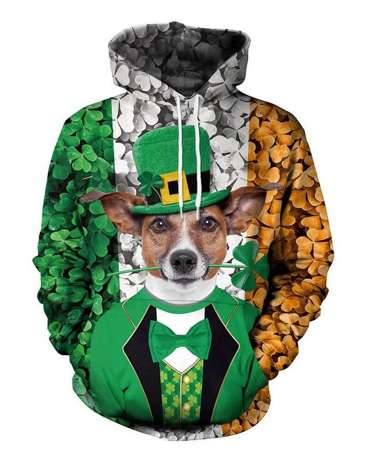 Pet Dog In The Green Hat And Clover Printed Unisex Pullover Hoodie