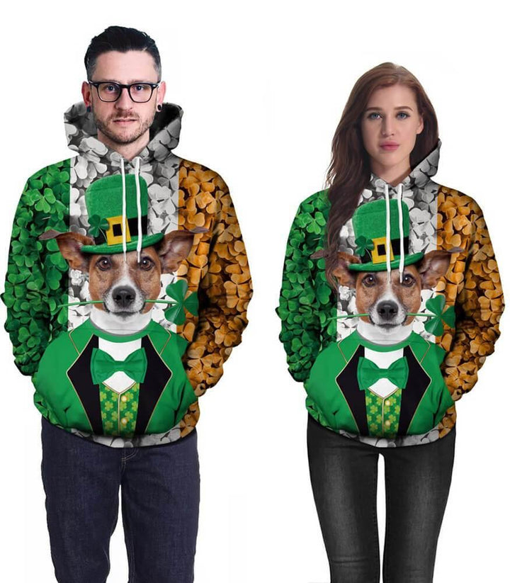 Pet Dog In The Green Hat And Clover Printed Unisex Pullover Hoodie - pinkfad