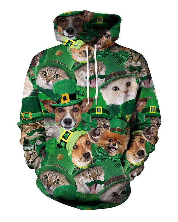 Green Puppy And Kitty In The Green Hat Printed Unisex Pullover Hoodie