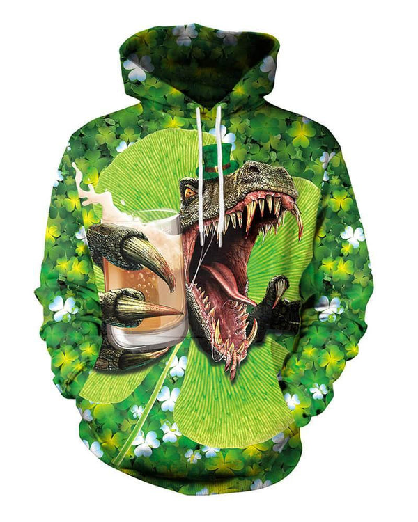 Green Dinosaur In The Clover Print Unisex St. Patrick Pullover Hoodie