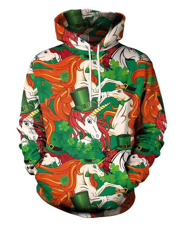 Unicorn In The Green Hat And Lucky Clover Print Unisex Pullover Hoodie