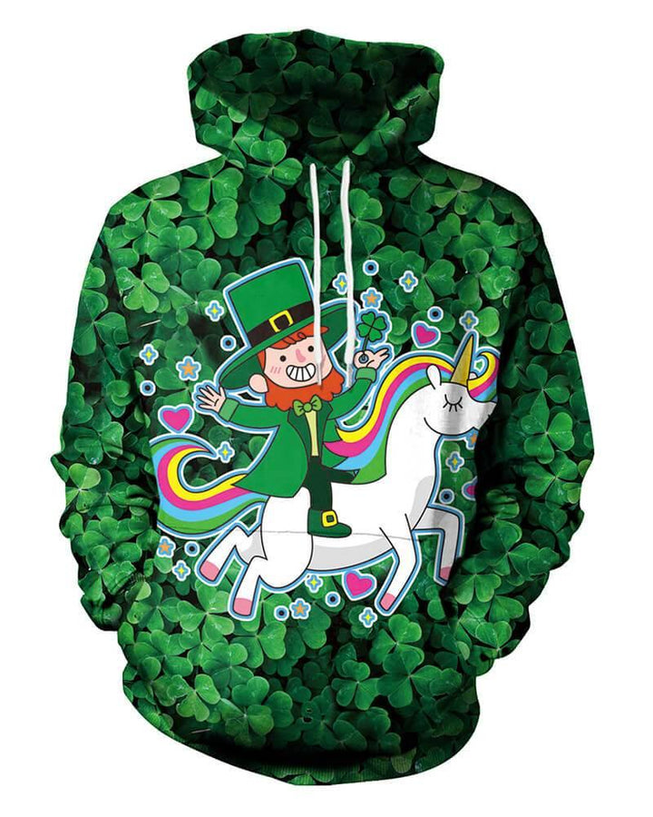 Clover Boy Patrick In The Green Hat Riding Unicorn Print Unisex Hoodie