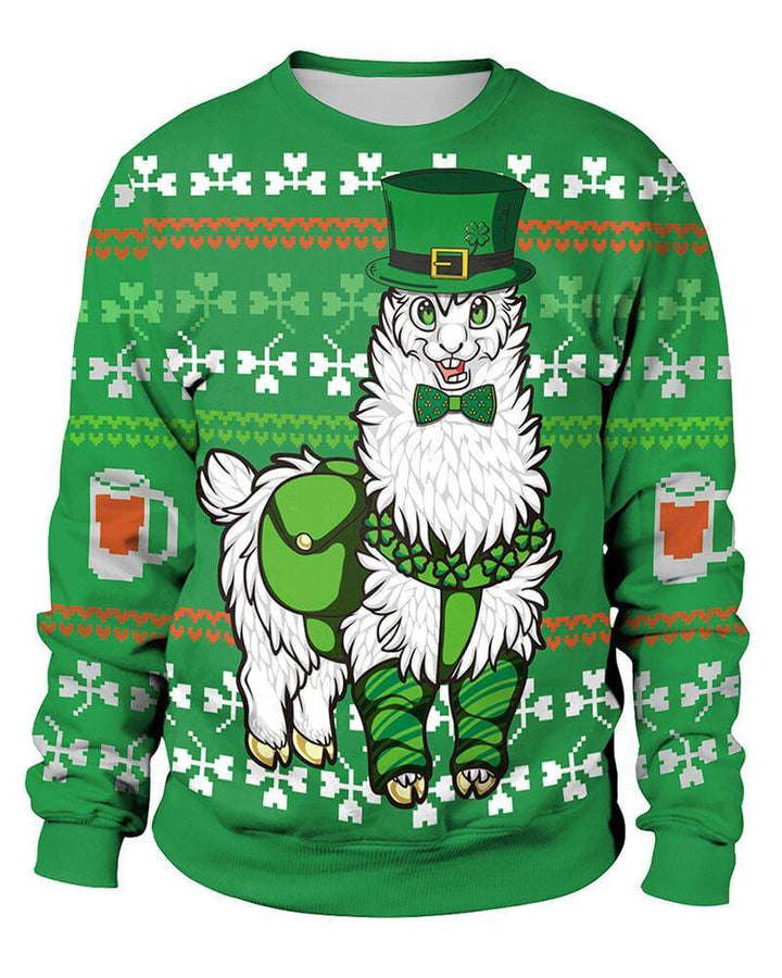 Alpaca Patrick Clover Printed Unisex Green Pullover Sweatshirt